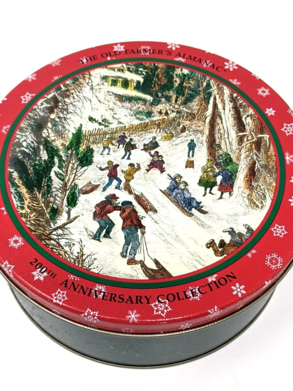 Old Farmers Almanac Christmas Cookie Tin 200th Anniversary 1992 8x3 Sledding